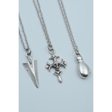 IDR 3'lü Triagle Ok Ucu  Kuru Kafa Haç Boks Eldiveni Gümüş Kaplama Kolye Seti