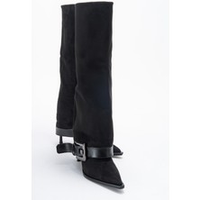 Luvi Elva Siyah Süet Kemer Tokalı Kadın Ince Topuklu Çizme