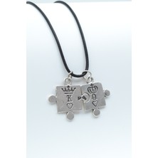 IDR Puzzle - Queen - King - Sevgili Gümüş Kaplama Deri İp Kolye