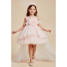 Monita Kız Çocuk Abiye Elbise Gül Aksesuarlı Fiyonklu Taçlı 4-8 Yaş, Pembe