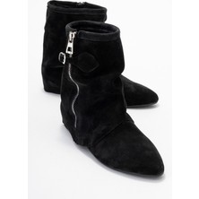 Luvi Noar Siyah Süet Hakiki Deri Büzgülü Fermuarlı Kadın Bot