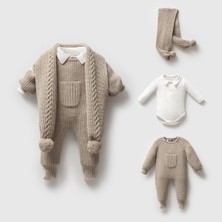 Nipperland 8276N Bebek Atkılı Selanik Düğmeli Kapüşonlu Triko Naturel Yün Tulum