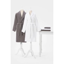 Özdilek Çizgili Kadife Bornoz Seti 6 Parça Beyaz-Koyu Gri