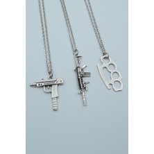 IDR 3'lü Muşta M4 Silah Uzi Gümüş Kaplama Kolye Seti