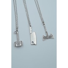 IDR 3'lü Thor Çekiç Satır Çift Taraflı Viking Balta Gümüş Kaplama Kolye Seti