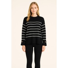 Gigi Giyim Kolları Düğme Detaylı Çizgili Kadın Kazak