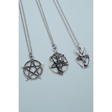 IDR 3'lüPentagram Pagan - Keçi Şeytan Gümüş Kaplama Kolye Seti