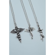 IDR 3'lü Yarasa Kılıç Yılan Kılıç Ejderha Kılıç Gümüş Kaplama Kolye Seti