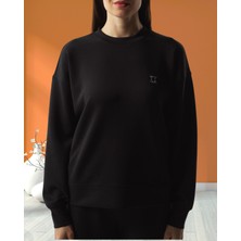 Minervaxint Kadın Bisiklet Yaka Dokulu Logo Detaylı Modal Kumaş Oversize Sweatshırt