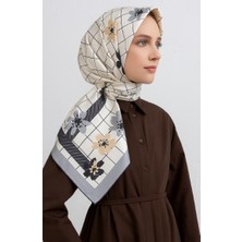 Vissona %100 Twill İpek Çıtır Çiçek Desenli Gri - Bej Renkli 90x90 Eşarp Dikim Şekli : El Dikişi