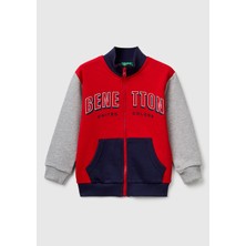 United Colors Of Benetton Erkek Çocuk Kırmızı-Gri Logo Detaylı Uzun Kollu Sweatshirt Fermuarlı Yaka