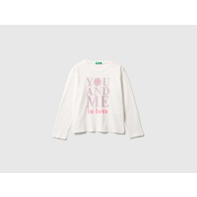 United Colors Of Benetton Kız Çocuk Ekru Önü Baskılı Ribana Yakalı Relaxed Fit Uzun Kollu T-Shirt