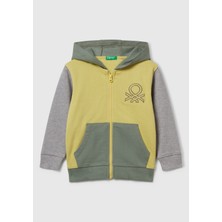 United Colors Of Benetton Erkek Çocuk Sarı-Gri Önü Logo Baskılı Fermuarlı Kapüşonlu Sweatshirt