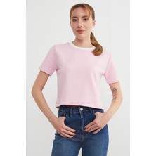 FullaModa Basic Ribana Yaka Mevsimlik Crop Tişört