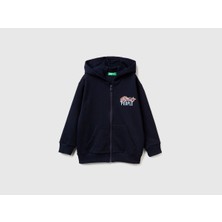 United Colors Of Benetton Erkek Bebek Lacivert Baskılı Fermuarlı Kapüşonlu Relaxed Fit Sweatshirt