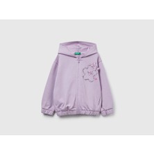 United Colors Of Benetton Kız Bebek Lila Önü Aplikeli Fermuarlı Yan Cepli Kapüşonlu Sweatshirt