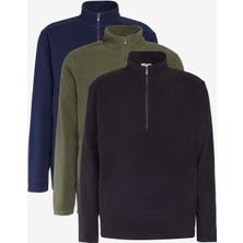 Altınyıldız Classics Unisex Siyah-Haki-Laci 3'lü Paket Standart Fit Bato Yaka Soğuk Geçirmez Sweatshirt Polar