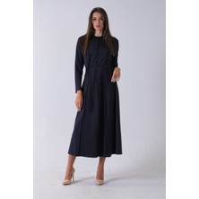 Feminist Lacivert Bisiklet Yaka Önü Pile Detaylı Beli Kemerli Elbise 4593453.02