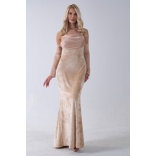 Feminist Gold Drapeli Takma Kol Detaylı Kadife Abiye 0801068.122