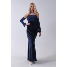 Feminist Lacivert Drapeli Takma Kol Detaylı Kadife Abiye 0801068.02