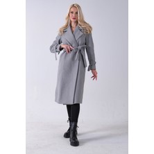 Feminist Gri Kol Bağlamalı Seyyar Kuşaklı Uzun Kaşe Kaban 41630051.06