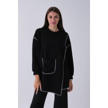 Feminist Siyah Önü Kanguru Cep Detaylı Çizgi Dikişli Bisiklet Yaka Tunik 940170263.01