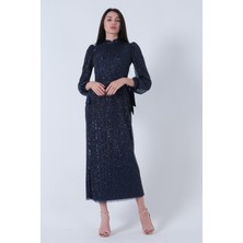 Feminist Lacivert Bilek Ucu Saten Kurdele Pullu Tesettür Abiye 6502471.02