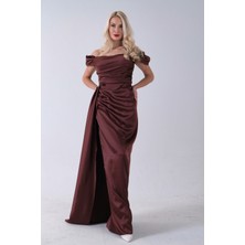 Feminist Kahve Drape Detaylı Saten Kumaş Abiye Elbise 9704858.05