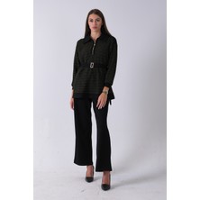 Feminist Gold Tunik Yaka Fermuar Kapamalı File Detaylı Pantolonlu Takım 4577283.122