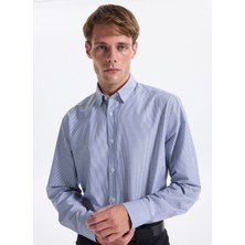 Fabrika Slim Fit Alttan Britli Yaka Çizgili Koyu Mavi Erkek Gömlek Maydos-Y 307