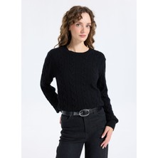 Jeep Bisiklet Yaka Basic Saç Örgü Desenli Siyah Kazak Kadın J5WL-KZK7128