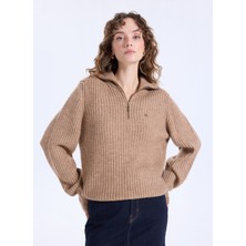 Jeep Geniş Yaka Relaxed Düz Örgü Desenli Camel Kazak Kadın J5WL-KZK7110