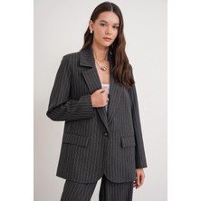 Mixray 4753 Kadın Çizgili Oversize Blazer Ceket Antrasit
