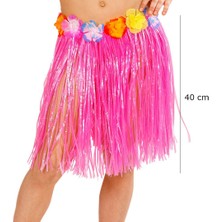 Zero Land Techmrt Yetişkin ve Çocuk Uyumlu Pembe Renk Püsküllü Hawaii Luau Hula Etek 40 cm