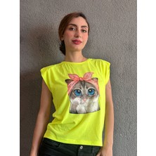 Gönülden Tasarım Kedi Baskılı Neon Yeşil Kadın Tişörts Beden