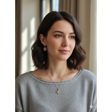 925 Ayar Papatya Silver Kar Tanesi Kolye Küpe Set.rose.gold.rodaj