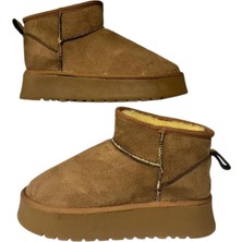 Şanzelize Kadın Taba Süet Içi Kürklü Yünlü Kalın Yüksek Tabanlı  Kışlık Bilekte Kısa Mini Ug Bot