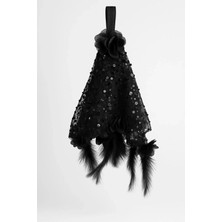 Evsay Gelin ve Damat Tüylü Güllü Cam Incili Halay Mendili 1 Adet Siyah