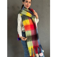 Gönülden Tasarım Yumuşak Renkli Ekose Pon Ponlu Kadın Şal Atkı 220X40 cm
