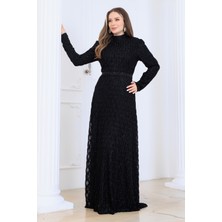 Elben Moda Lina Tesettür Abiye Elbise Dantel Kumaş Eteği Kuyruk ve Beli Taş Detaylı