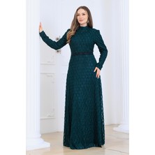 Elben Moda Lina Tesettür Abiye Elbise Dantel Kumaş Eteği Kuyruk ve Beli Taş Detaylı