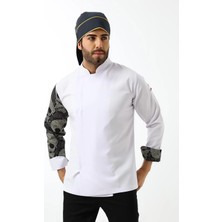 Erkek Likralı Kol Desenli Aşçı Ceket - 6401 Beyaz Kuru Kafa