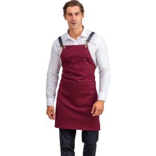 Barista Askılı Önlük Çift Cepli Deri Kemerli Bordo
