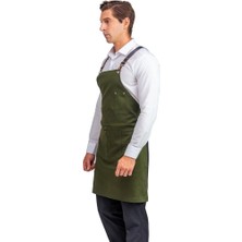 Barista Askılı Önlük Çift Cepli Deri Kemerli Yeşil