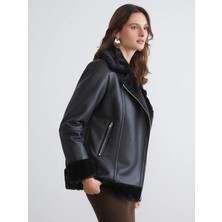 LC Waikiki Lcw Vision Siyah Biker Yaka Kadın Deri Görünümlü Mont