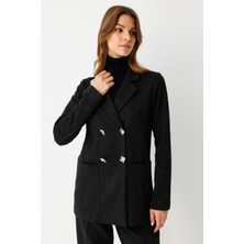 Esswaap Kendinden Desenli Iri Düğmeli Ceket  Siyah