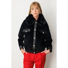 Ekol Yakası Kürklü Deri Detaylı Mont Siyah 06611