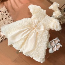 Melek Golden Kız Çocuk Abiye Elbise-Fırfırlı Kabrık Model,büyük Fiyonk Detaylı,krem ve Pambe Renk