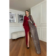 Dip Moda Kadın Leoparlı Yırtmaç Detaylı Taşlı Abiye Elbise DPNC2509