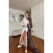 Dip Moda Kadın Leoparlı Yırtmaç Detaylı Taşlı Abiye Elbise DPNC2509